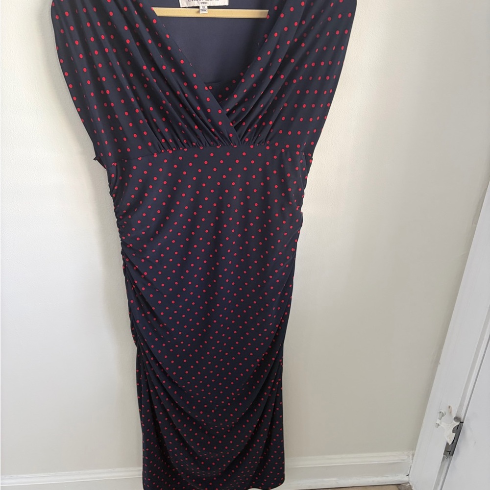 Evan Picone Navy Midi Dress with Red Polka Dots